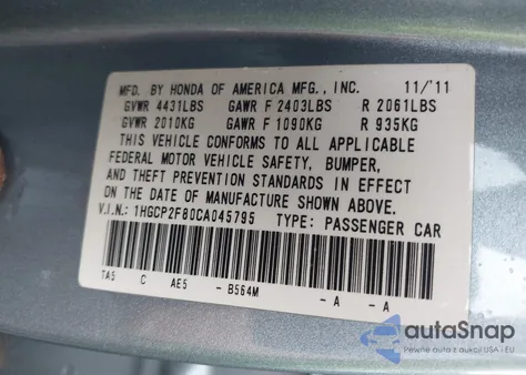 2012 Honda Accord 2.4 Ex-L z USA, uszkodzony, nr VIN 1HGCP2F80CA045795